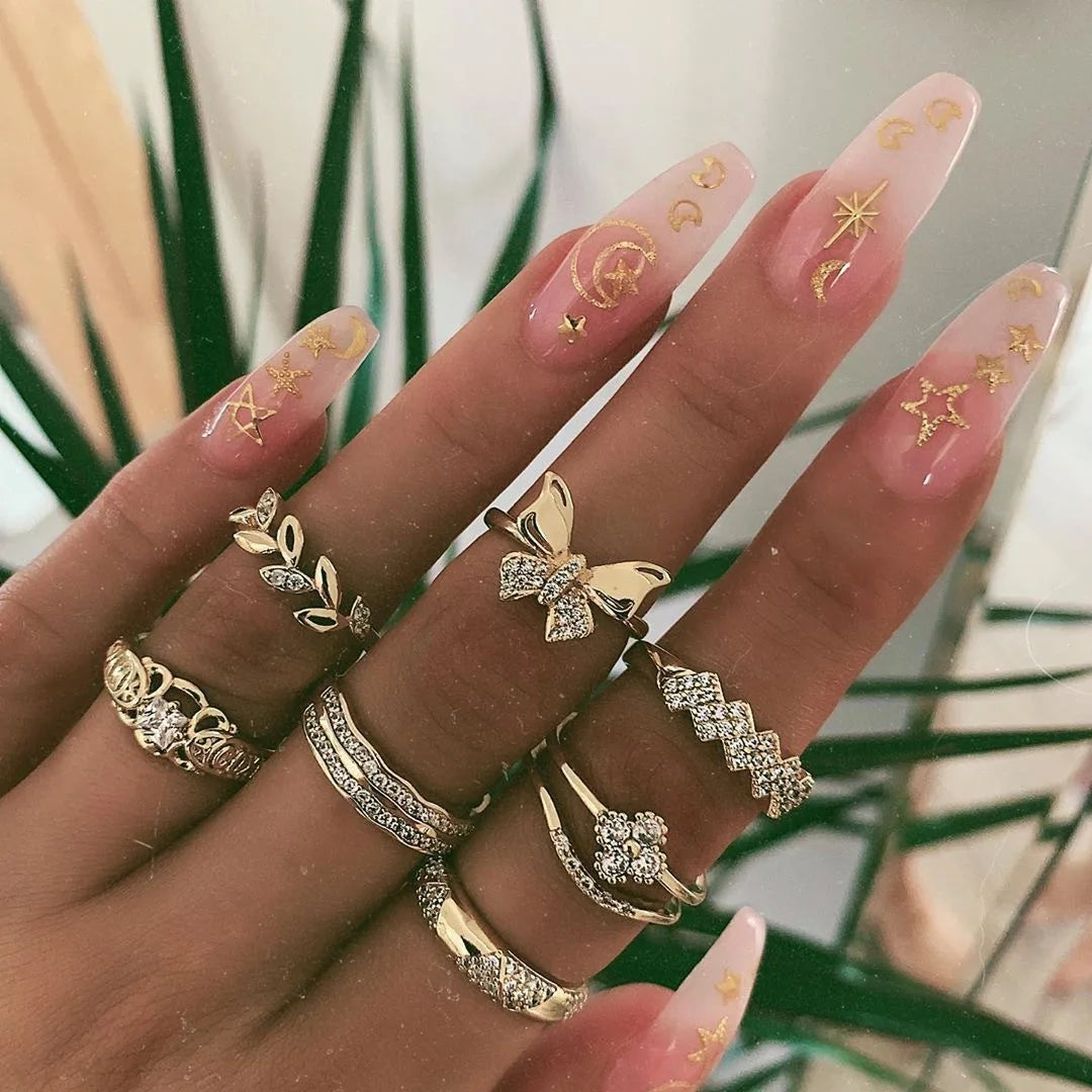 Bohemian Geometric Moon Crystal Knuckle Ring Set