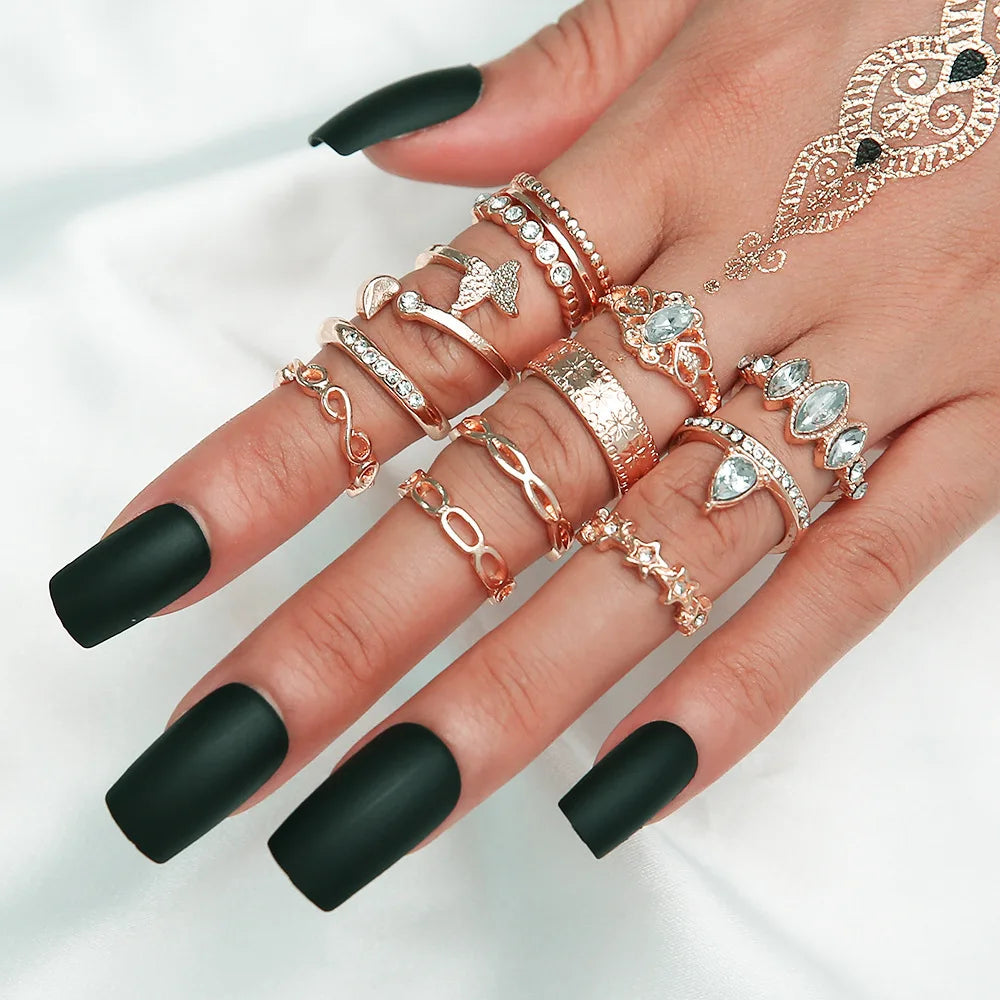 Bohemian Geometric Moon Crystal Knuckle Ring Set