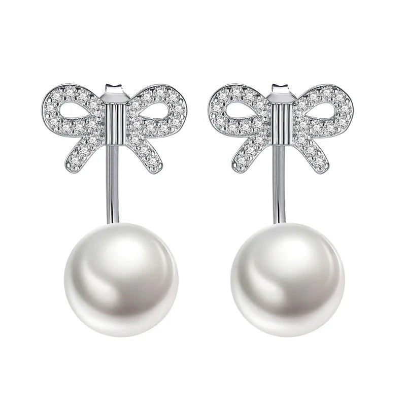 925 Sterling Silver Bow Pearl Stud Earrings