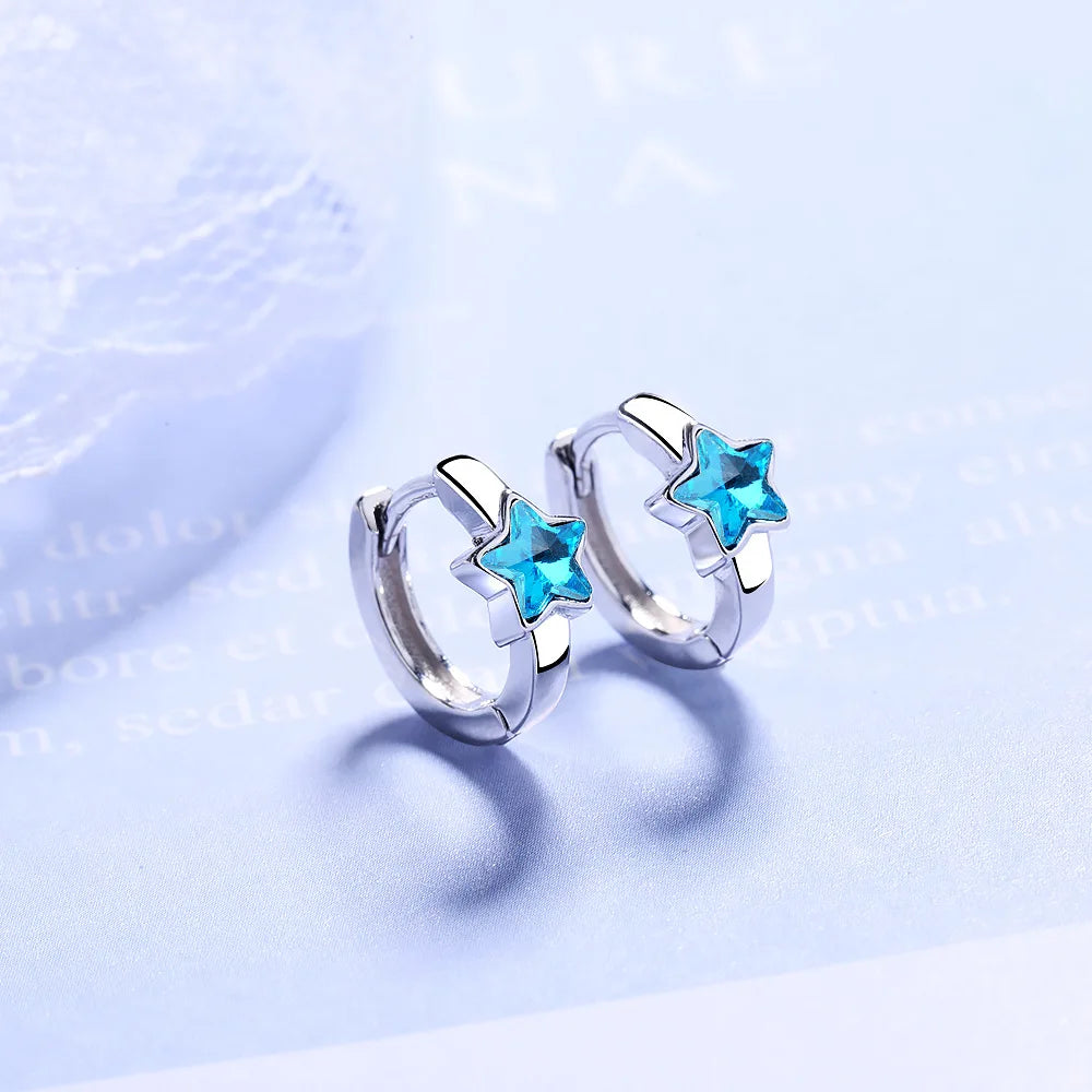 925 Sterling Silver Blue Crystal Star Hoop Earrings