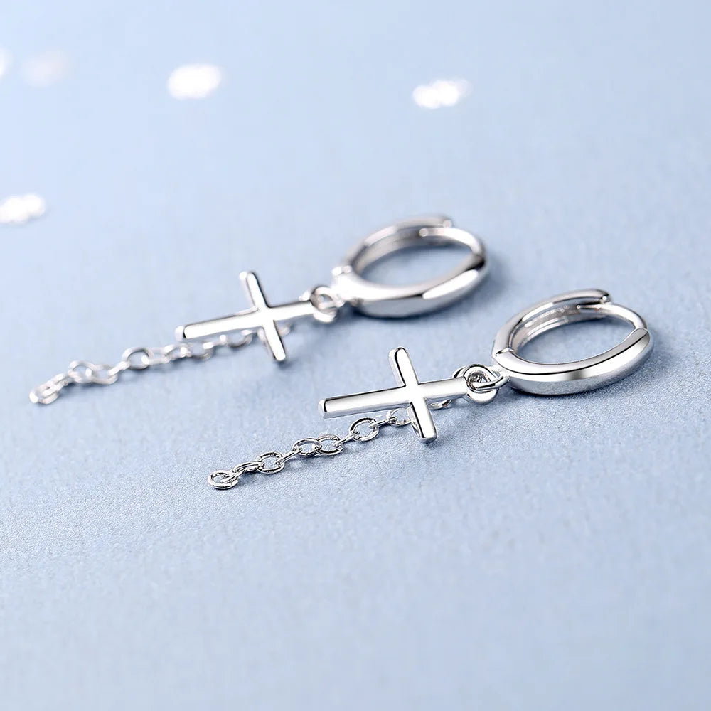 925 Sterling Silver Cross Drop Earrings