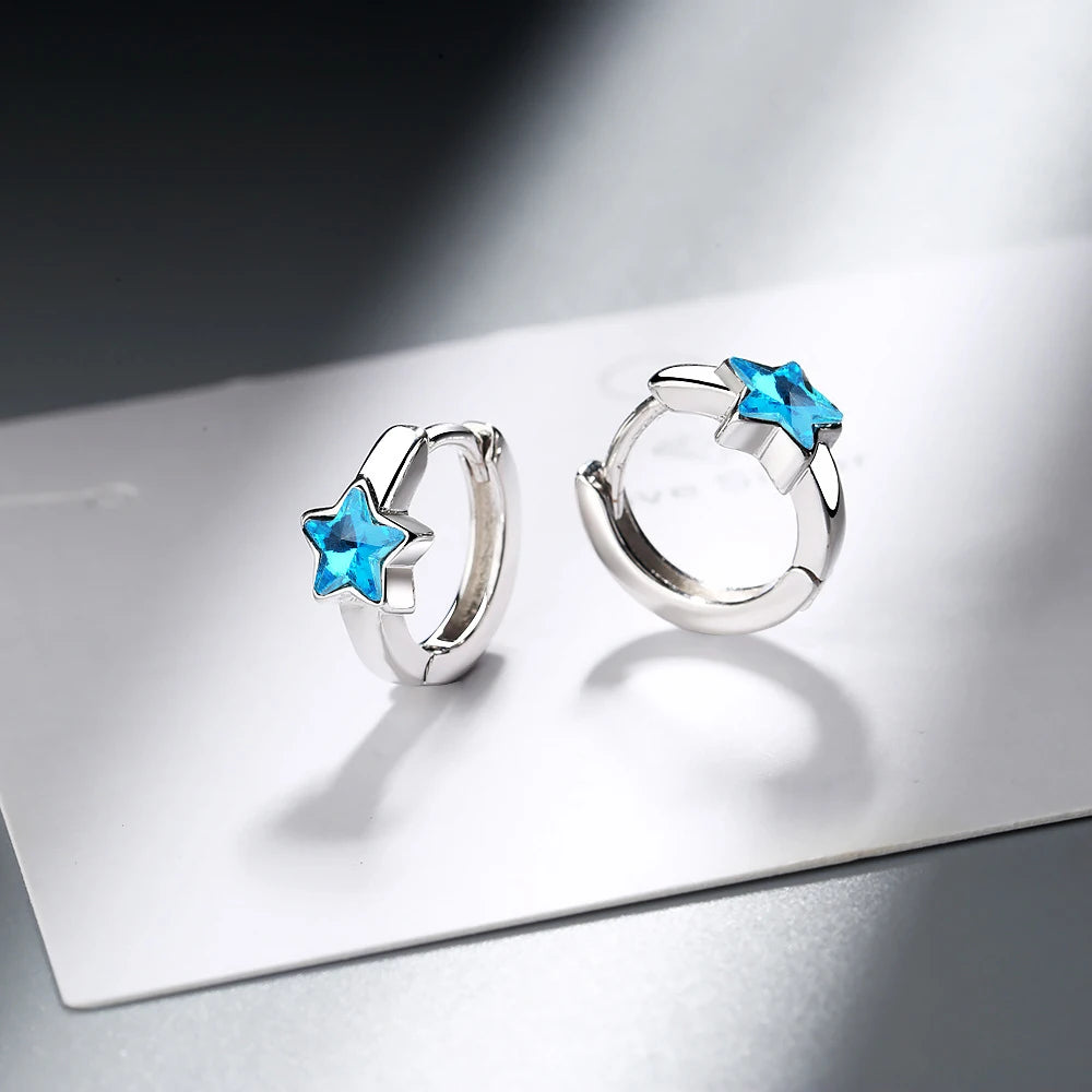 925 Sterling Silver Blue Crystal Star Hoop Earrings