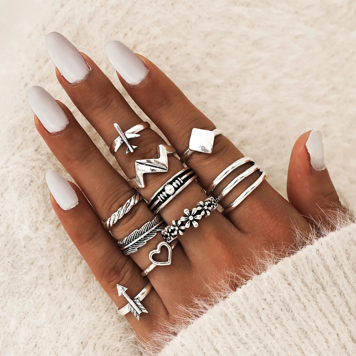 Bohemian Geometric Moon Crystal Knuckle Ring Set