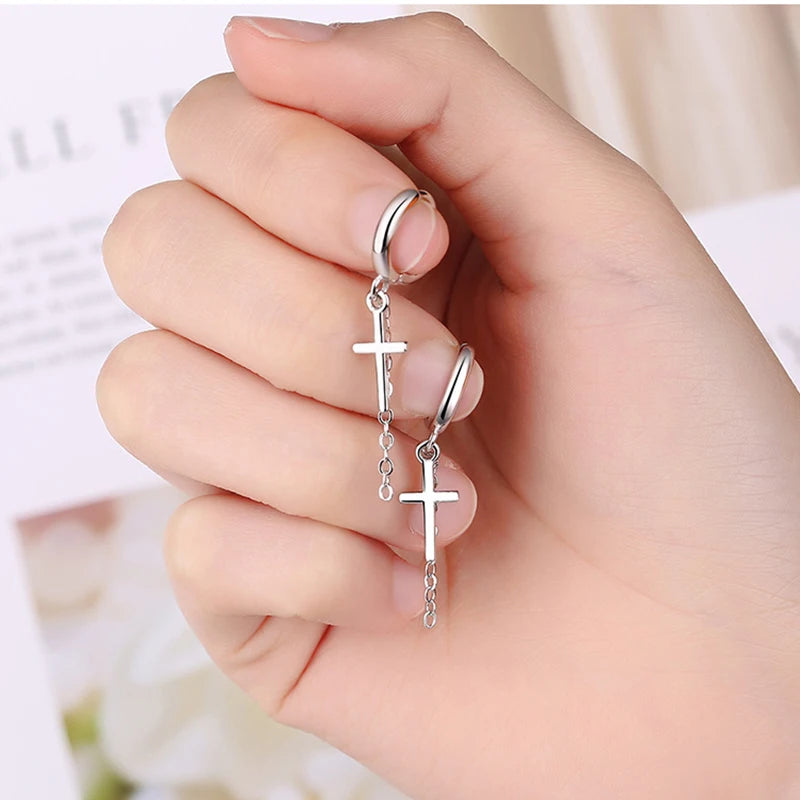 925 Sterling Silver Cross Drop Earrings