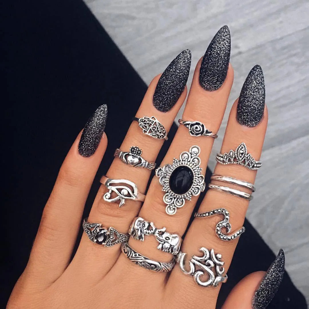 Bohemian Geometric Moon Crystal Knuckle Ring Set