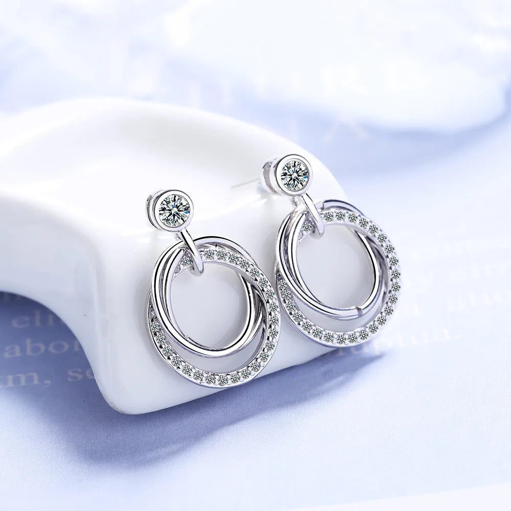 925 Sterling Silver Gold Crystal Circle Drop Earrings