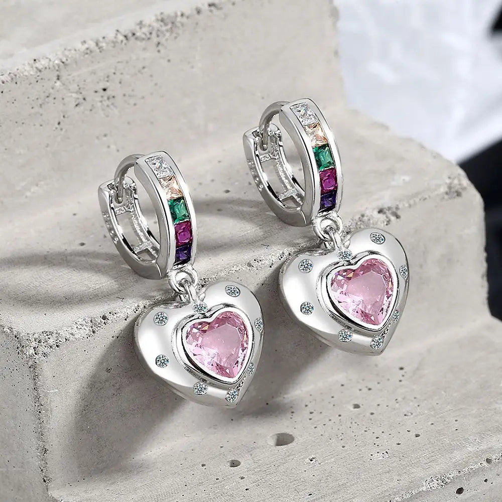 925 Silver Heart Crystal Drop Earrings