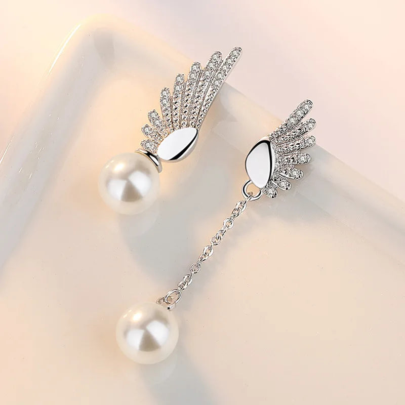 Sterling Silver Angel Wing Pearl Earrings