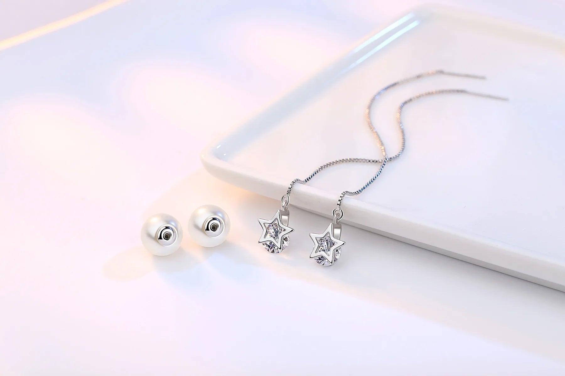 S925 Star & Pearl Long Drop Earrings