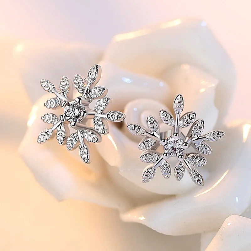 925 Sterling Silver Crystal Snowflake Stud Earrings