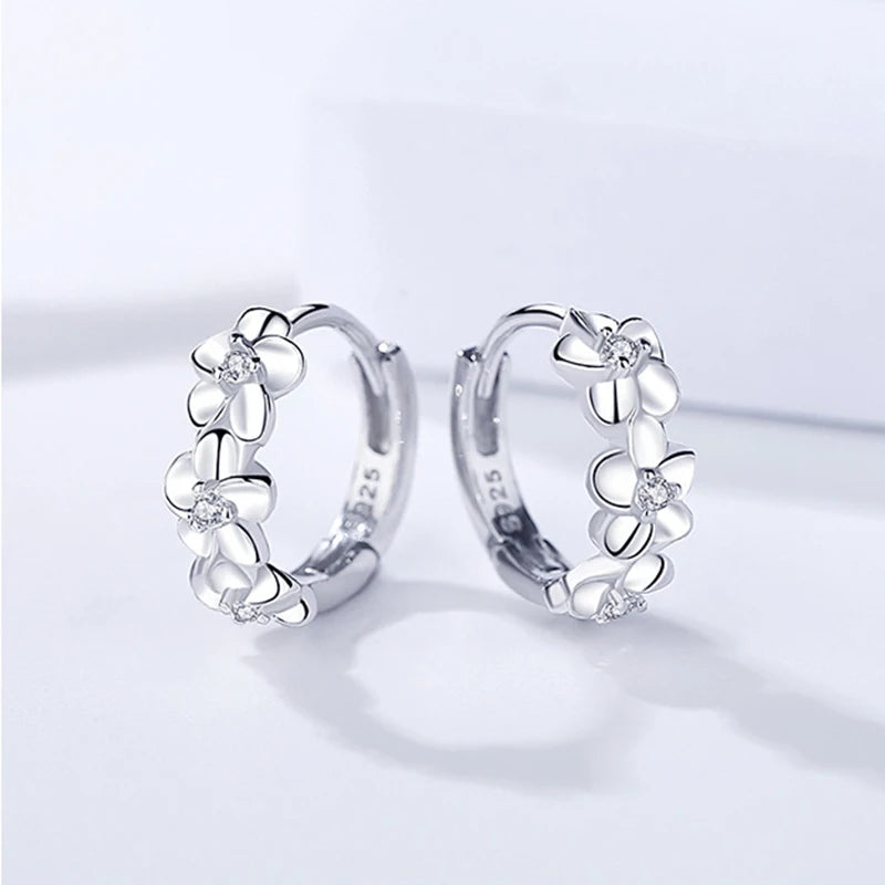 925 Sterling Silver Crystal Flower Hoop Earrings