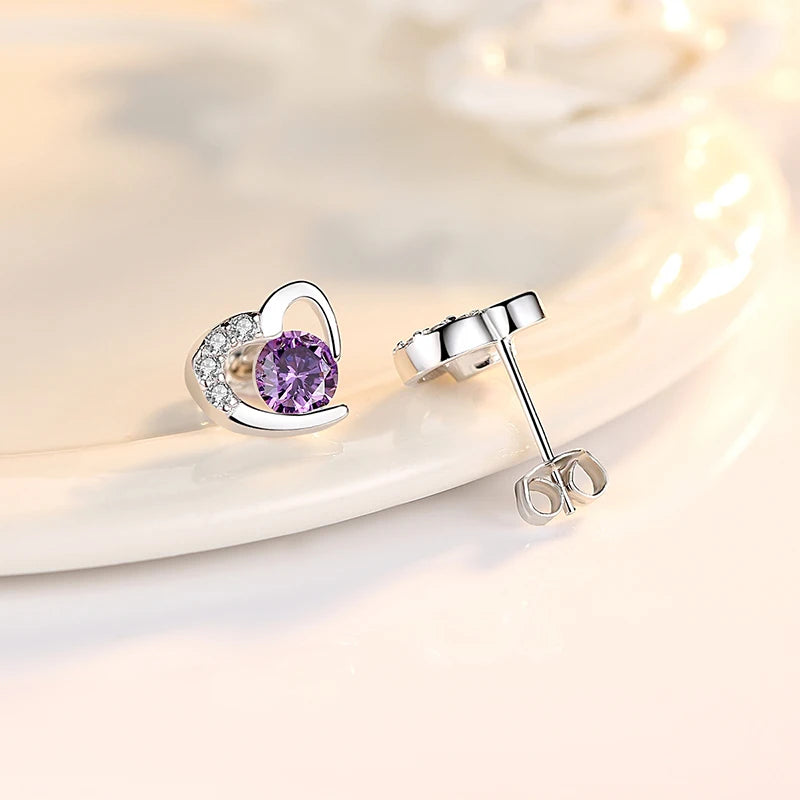 925 Sterling Silver Crystal Heart Stud Earrings