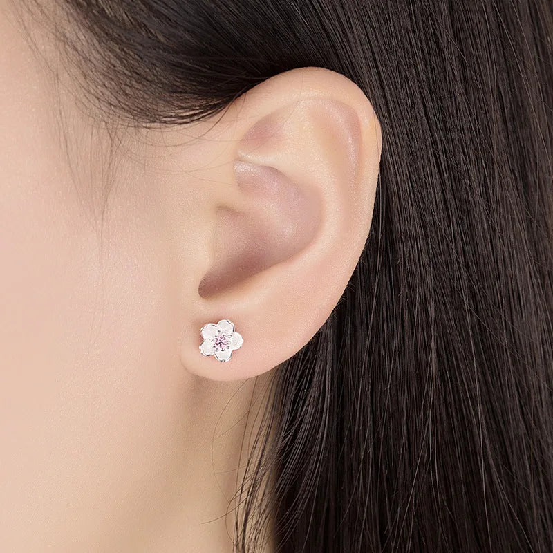 Solid 925 Sterling Silver Crystal Flower Stud Earrings