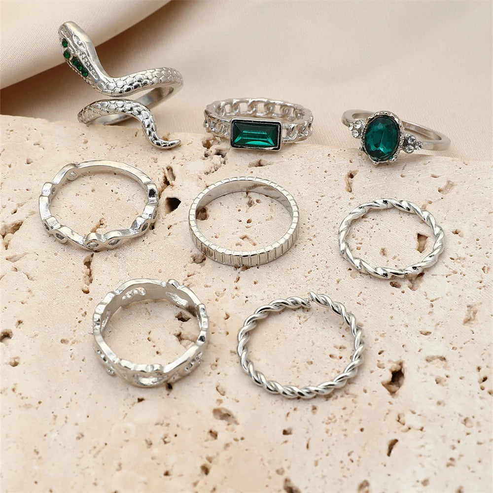 8-Piece Vintage Faux Gemstone Snake Ring Set