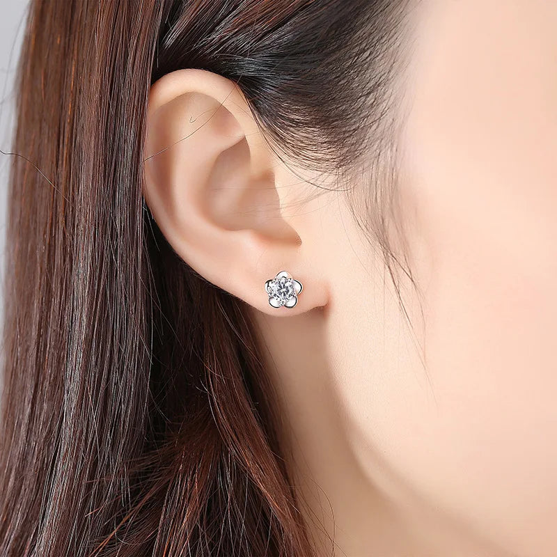 925 Sterling Silver Crystal Flower Stud Earrings