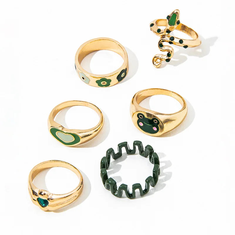 Bohemian Green Enamel Snake & Heart Ring Set