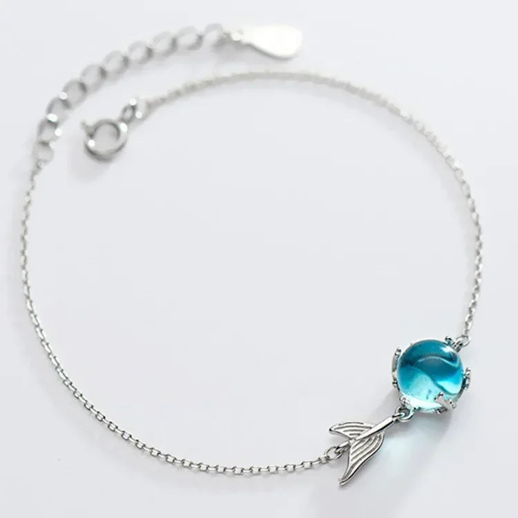 Sterling Silver Fish Tail Crystal Charm Bracelet