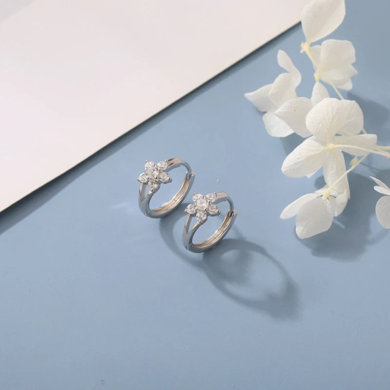 925 Sterling Silver Crystal Flower Hoop Earrings