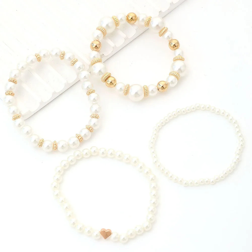 4-Piece Elegant White Faux Pearl & Heart Bracelet Set