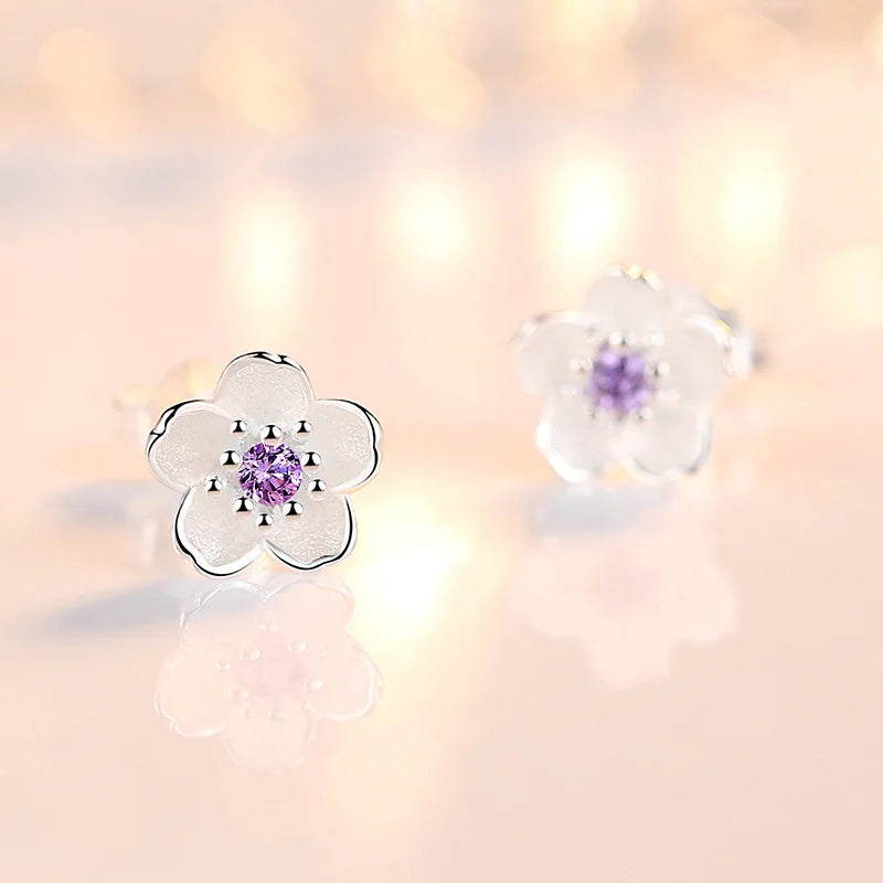 Solid 925 Sterling Silver Crystal Flower Stud Earrings