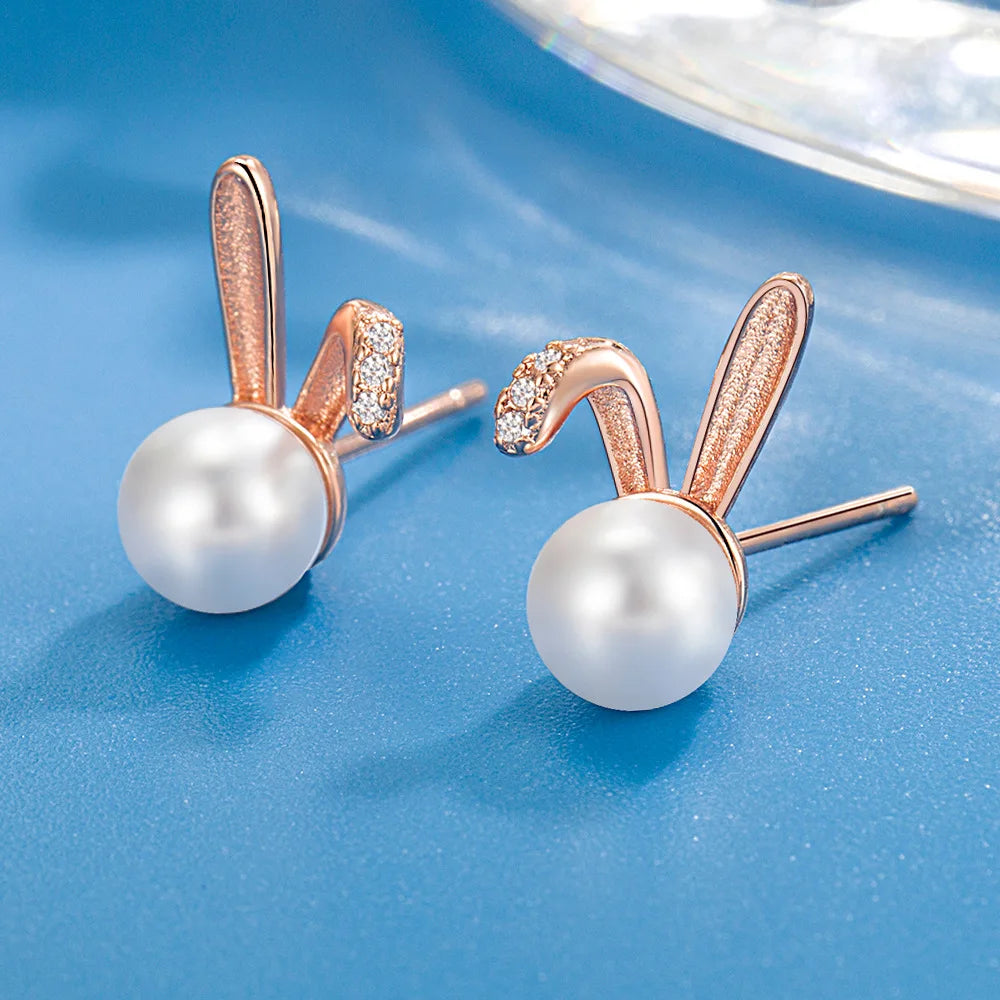 925 Sterling Silver Rabbit Pearl Stud Earrings