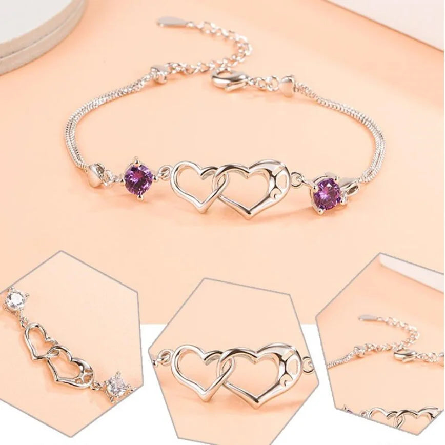 925 Sterling Silver Heart Amethyst Bracelet