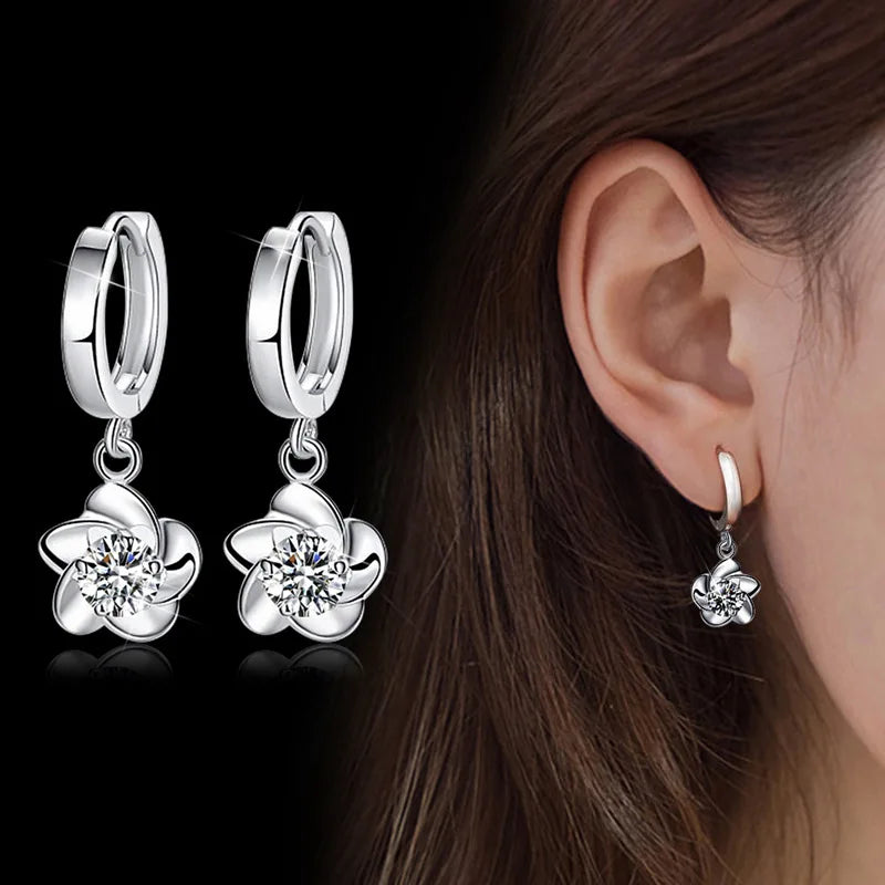 925 Silver Crystal Flower Drop Earrings