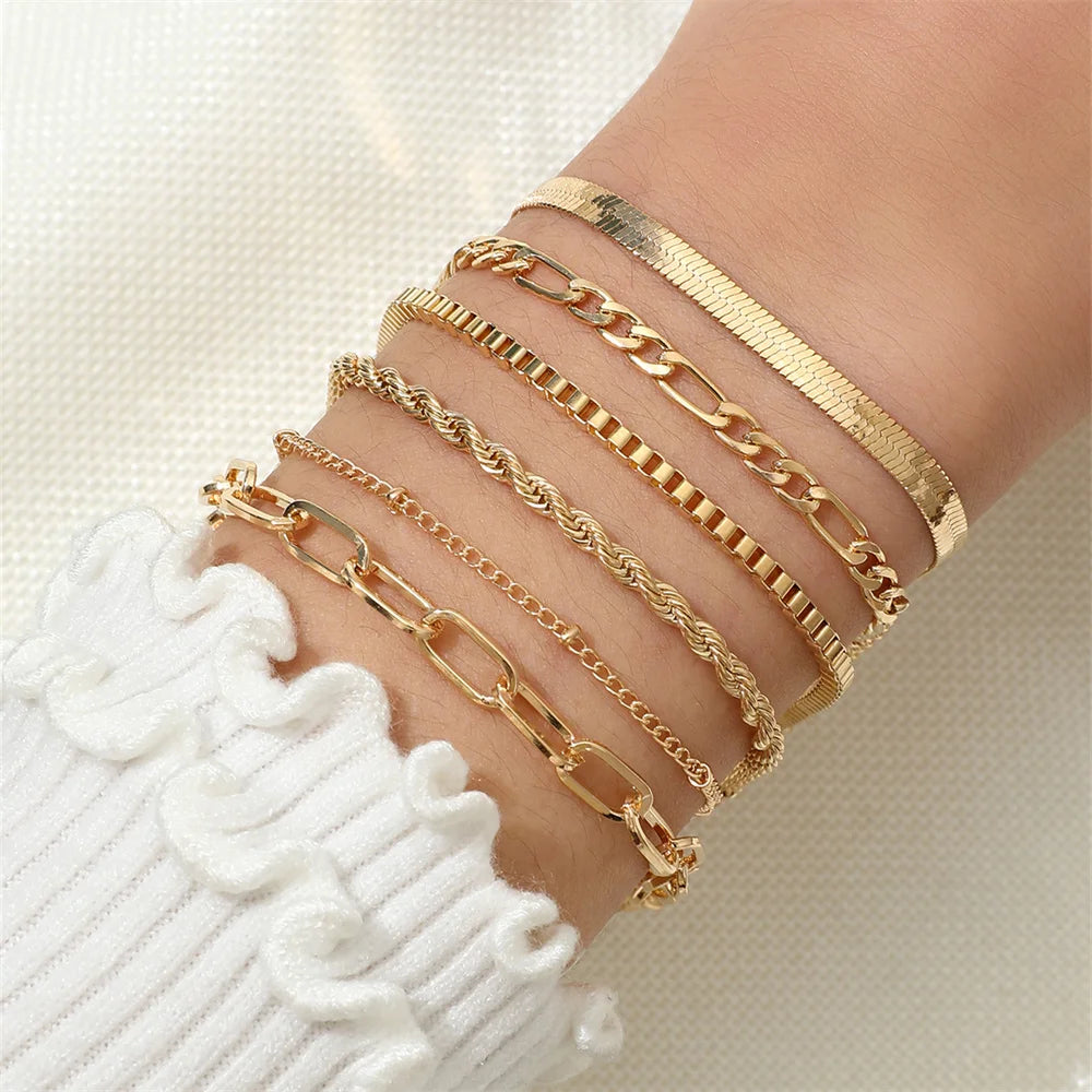 Gold 6-Piece Bohemian Multi-Layer Snake Chain Bracelet Set