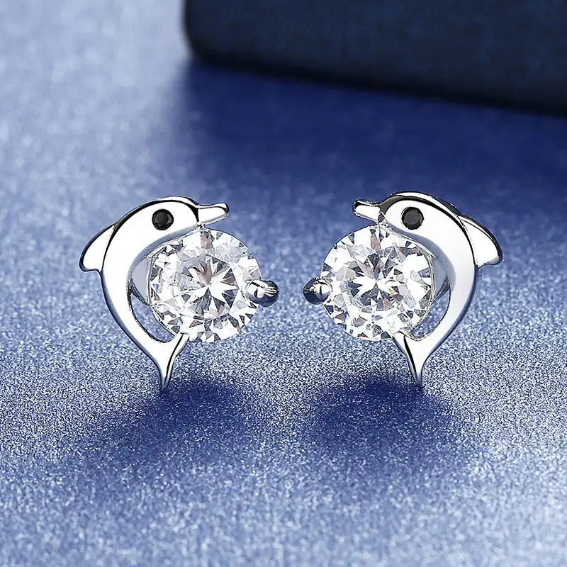 925 Sterling Silver Dolphin Crystal Stud Earrings