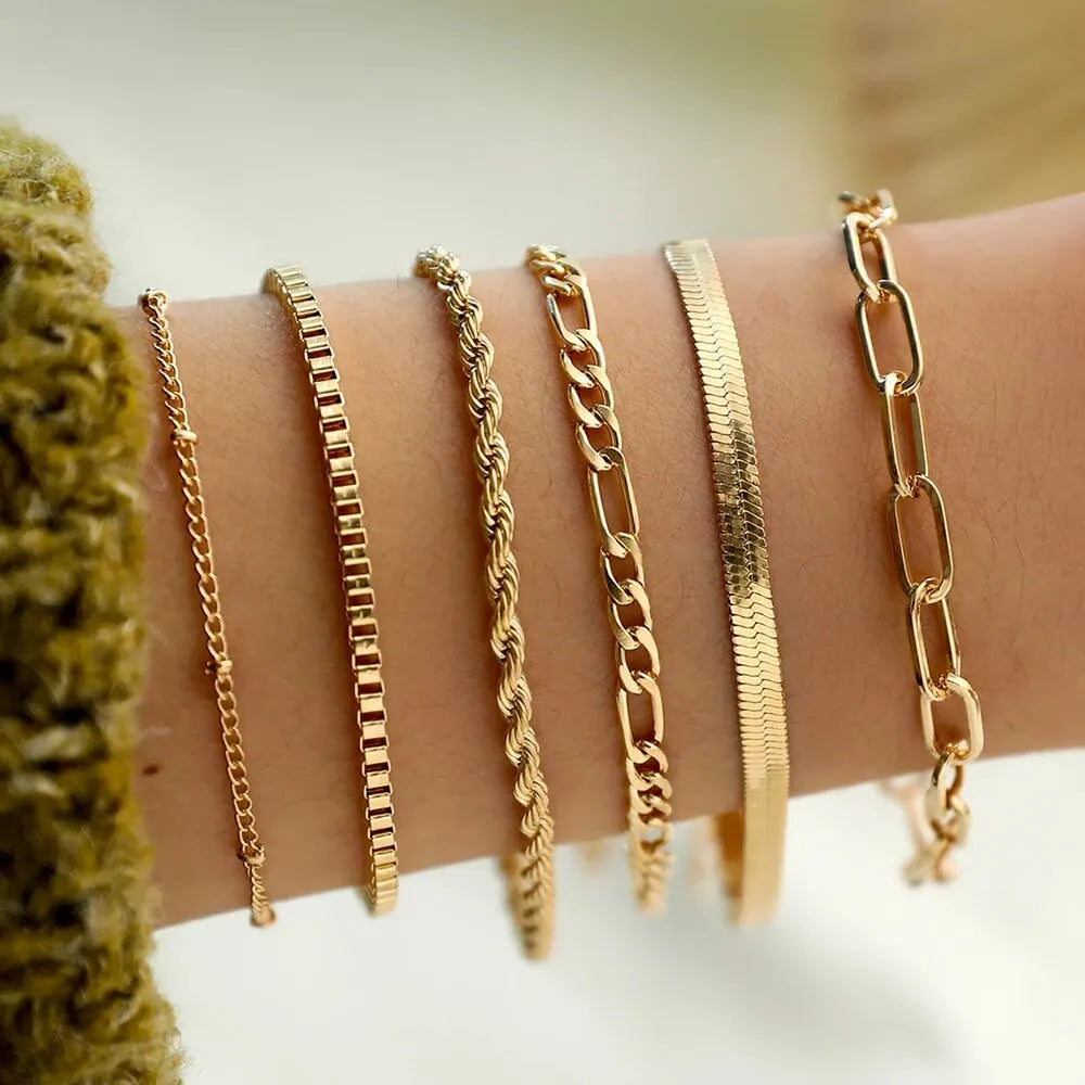 Gold 6-Piece Bohemian Multi-Layer Snake Chain Bracelet Set