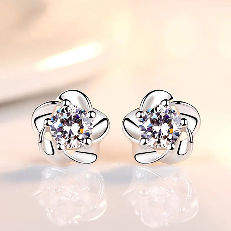 925 Sterling Silver Crystal Flower Stud Earrings