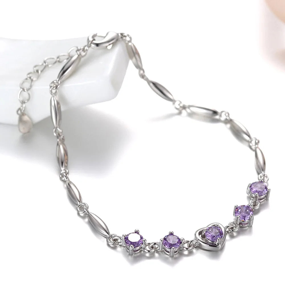 Sterling Silver Purple Zircon Lucky Charm Bracelet