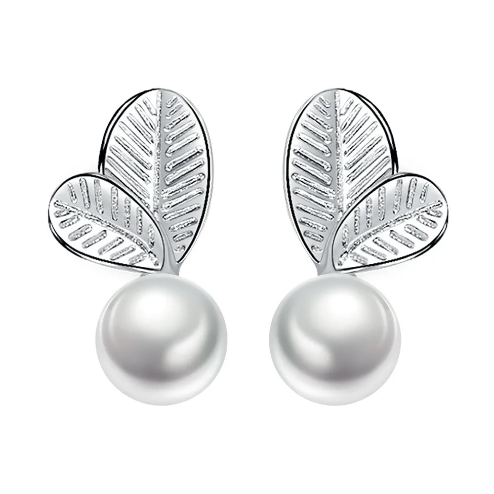 Leaf Pearl Stud Earrings with Freshwater Pearls