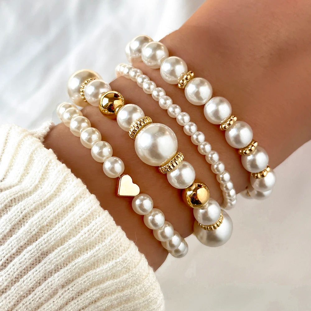 4-Piece Elegant White Faux Pearl & Heart Bracelet Set