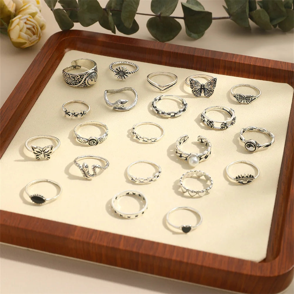 22-Piece Retro Tai Chi Butterfly Snake Ring Set