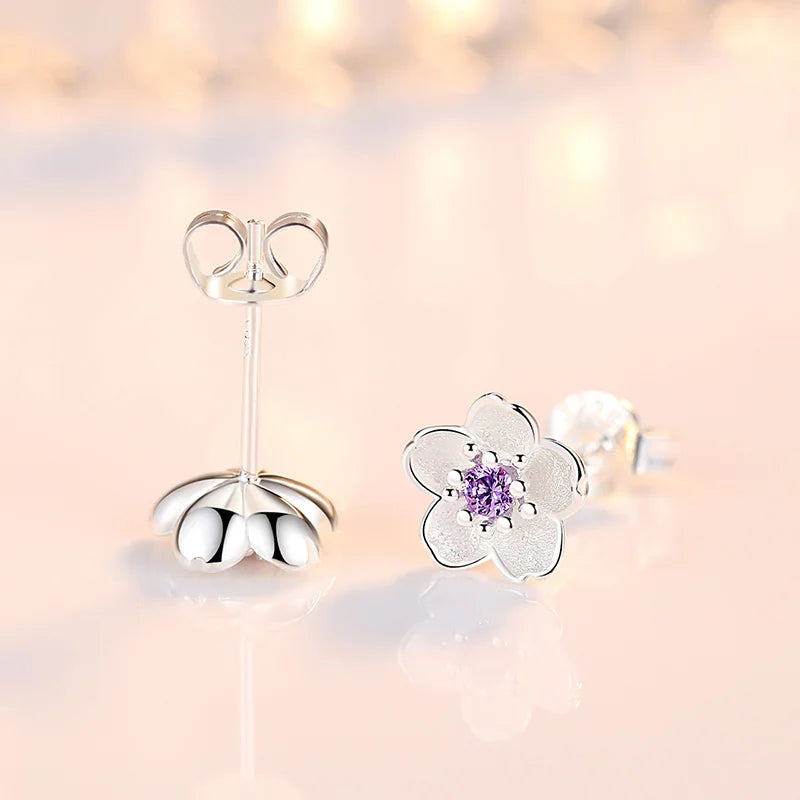 Solid 925 Sterling Silver Crystal Flower Stud Earrings