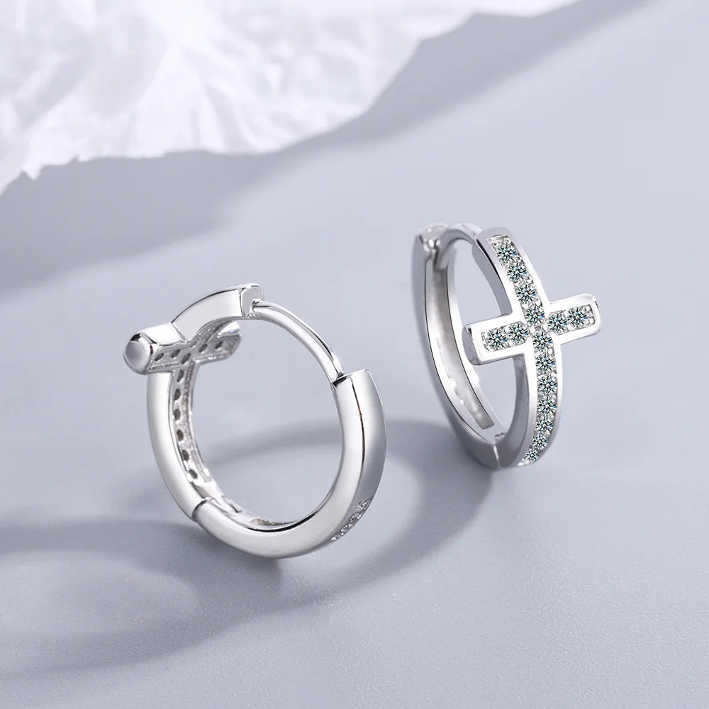 Sterling Silver Cross Zircon Hoop Earrings