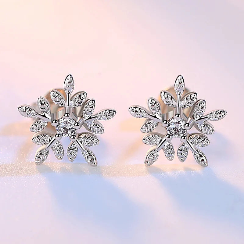 925 Sterling Silver Crystal Snowflake Stud Earrings