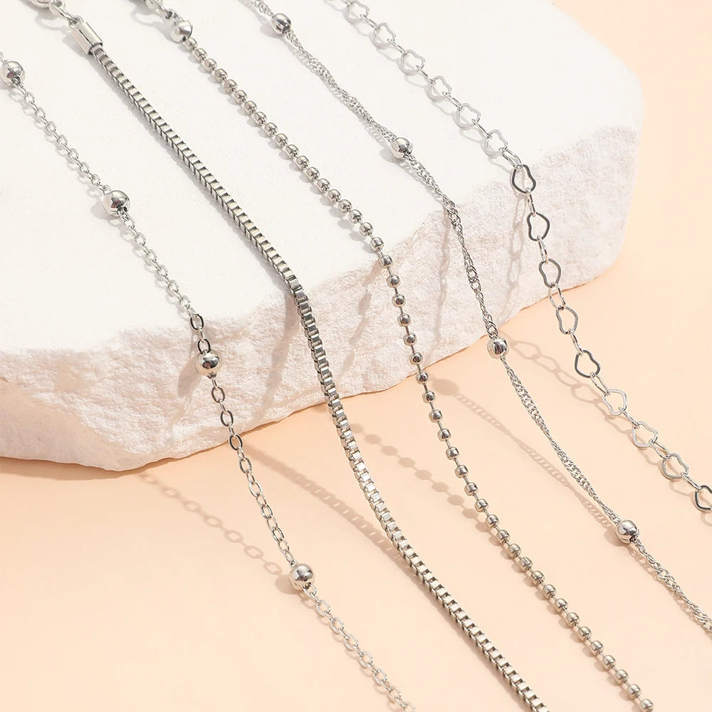 5-Piece Elegant Thin Chain & Beaded Bracelet Set