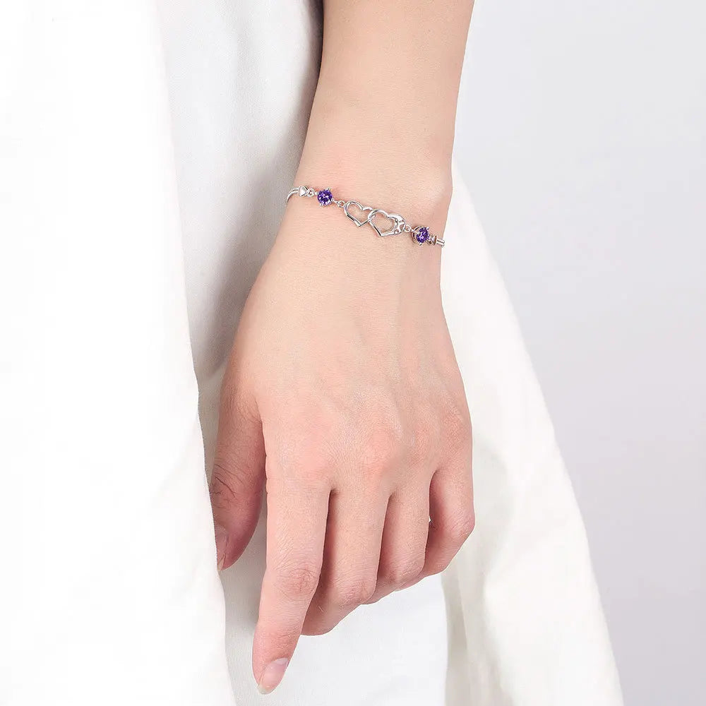 925 Sterling Silver Heart Amethyst Bracelet