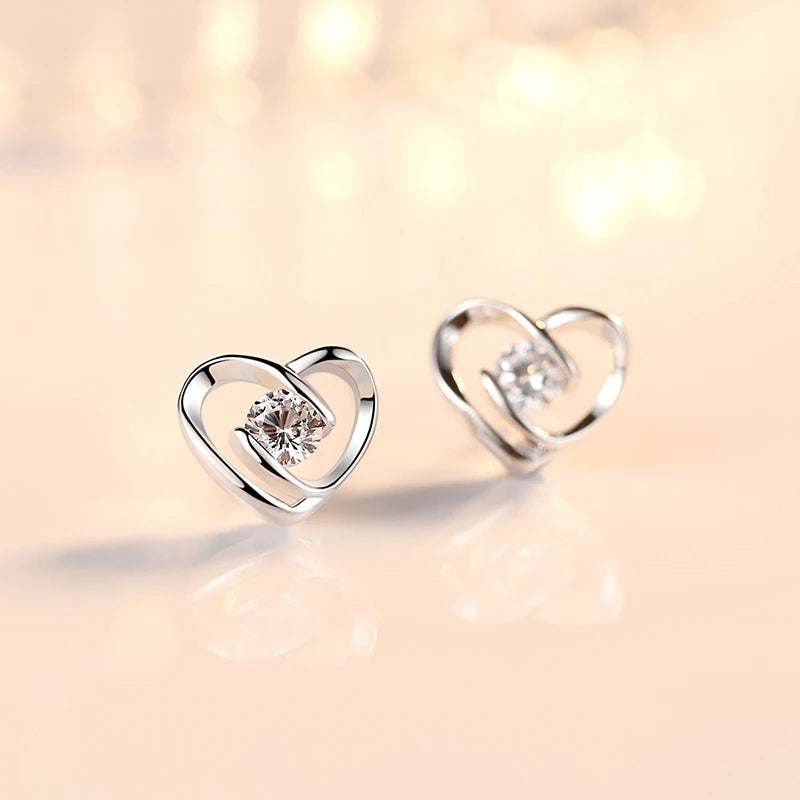 Sterling Silver Heart Crystal Stud Earrings