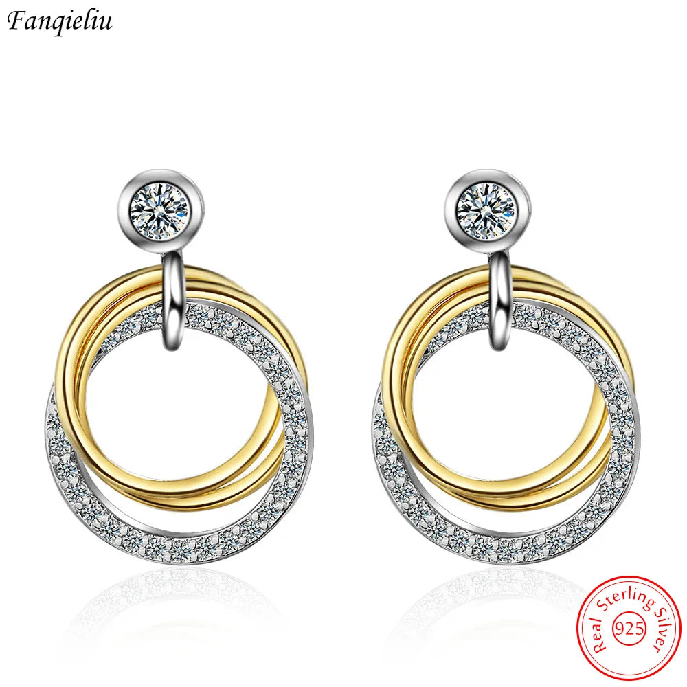 925 Sterling Silver Gold Crystal Circle Drop Earrings