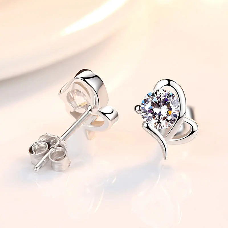 925 Sterling Silver Crystal Heart Stud Earrings