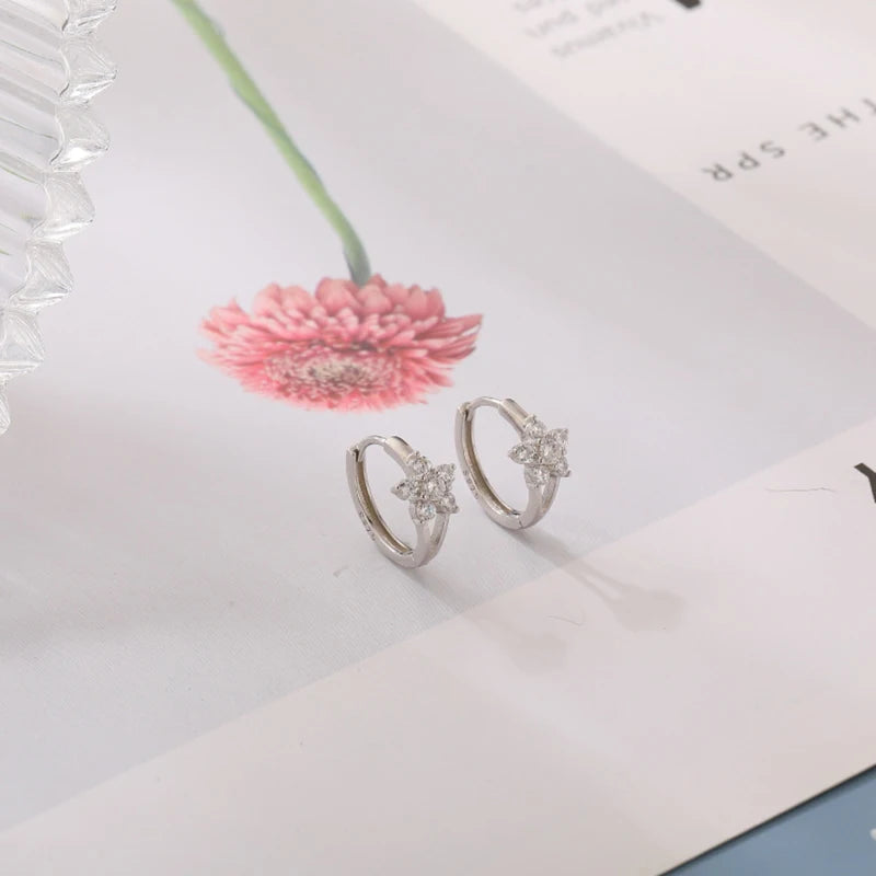 925 Sterling Silver Crystal Flower Hoop Earrings