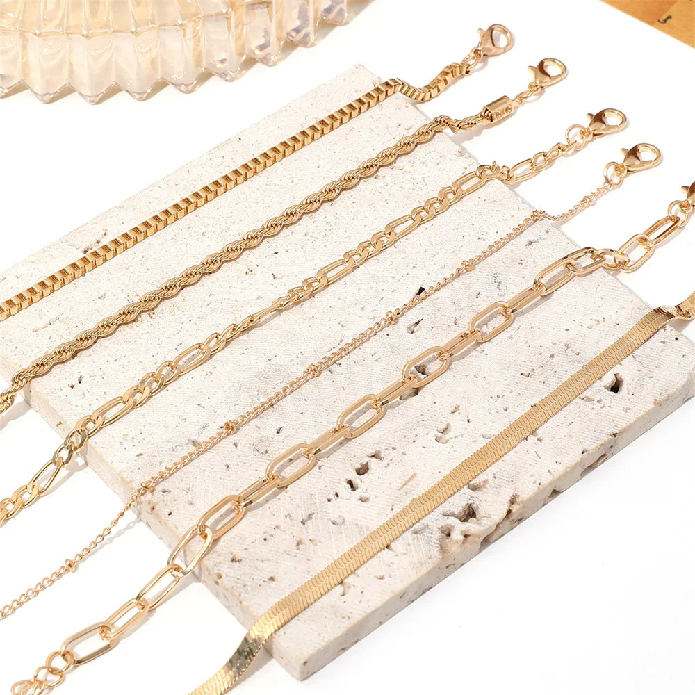 Gold 6-Piece Bohemian Multi-Layer Snake Chain Bracelet Set