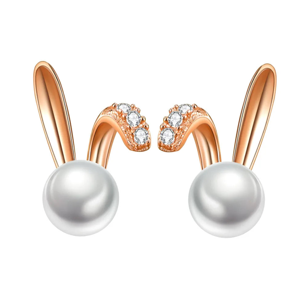 925 Sterling Silver Rabbit Pearl Stud Earrings