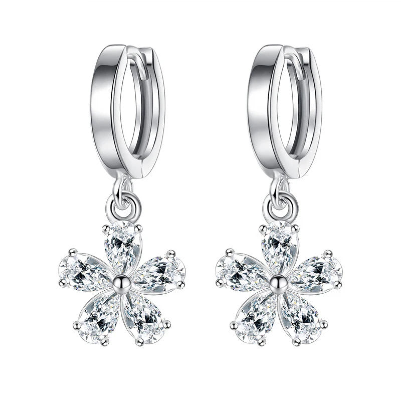 925 Sterling Silver Crystal Flower Drop Earrings