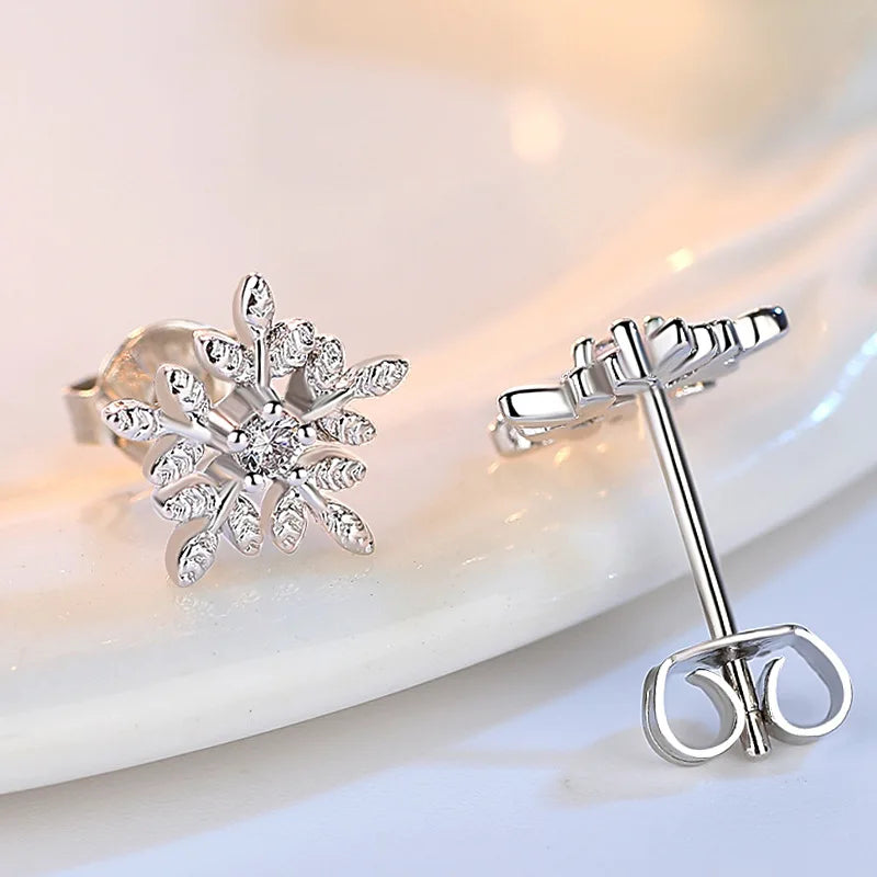 925 Sterling Silver Crystal Snowflake Stud Earrings