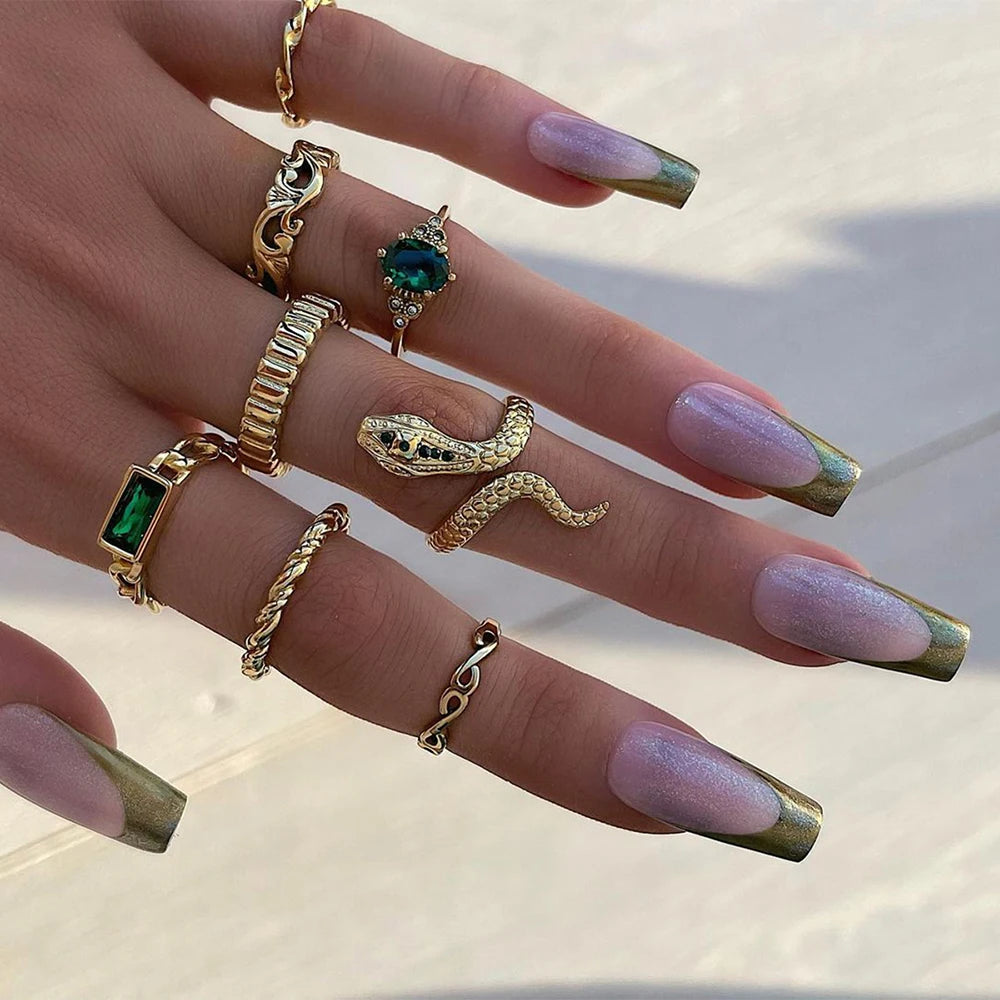 8-Piece Vintage Faux Gemstone Snake Ring Set