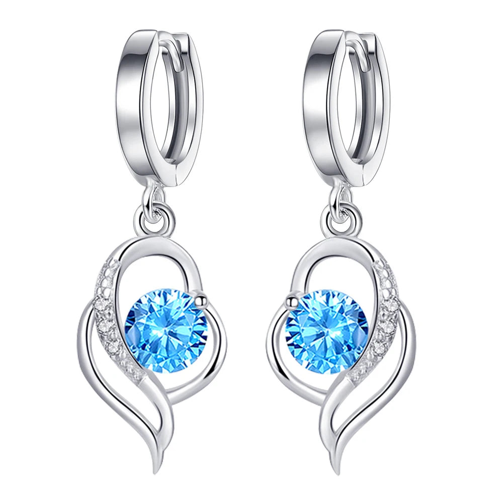 925 Silver Heart-Shaped Crystal Drop Earrings